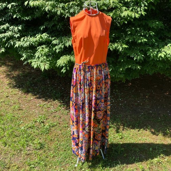 VTG 70S NAVY BLUE ORANGE FLORAL GOLD PAISLEY SQUARE NECK MAXI HIPPY DRESS 8 main image 1